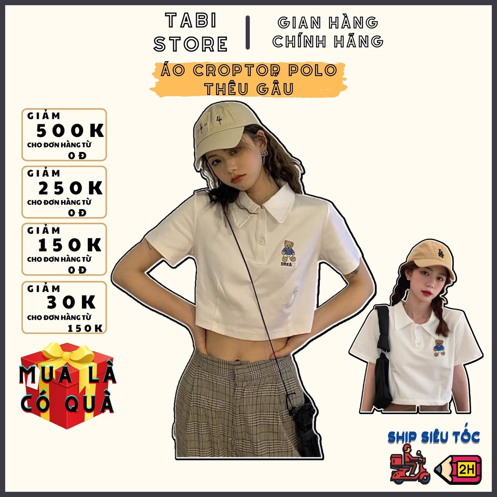 Áo croptop cộc tay dưới 55kg tabistore - PoLo Thêu gấu
