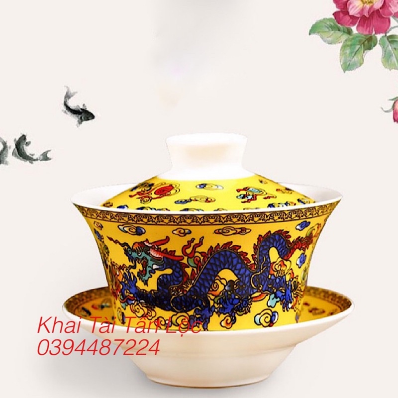Chén Khải , chén trà có nắp rồng vàng Trung Quốc kiểu cổ trang