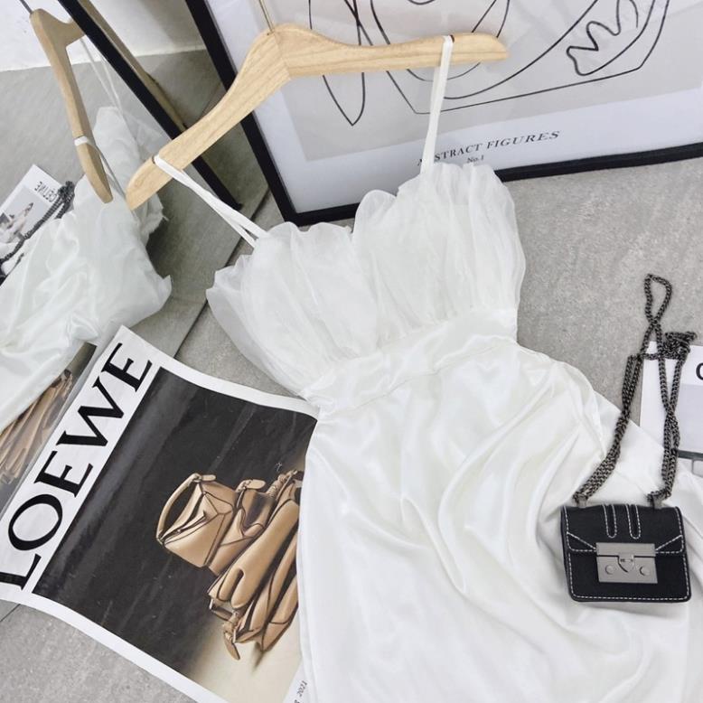 Đầm body trắng phi lụa 2 dây phối voan tầng ngực