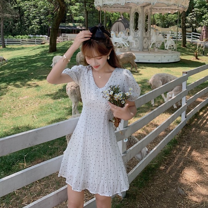 Đầm Cổ Chữ V Họa Tiết Chấm Bi 44932