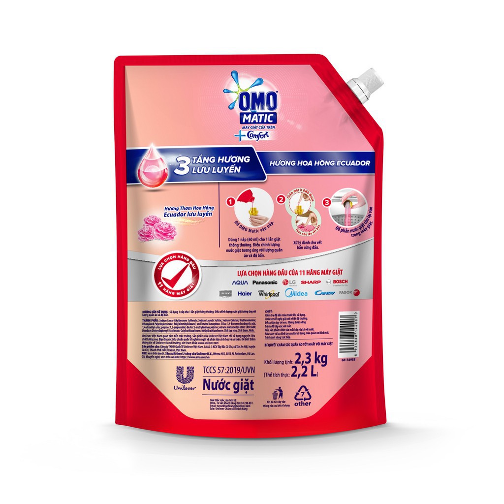 🌤️ Nước giặt OMO Matic Comfort [𝐅𝐑𝐄𝐄𝐒𝐇𝐈𝐏] cửa trên Hương Hoa Hồng túi 2.3kg