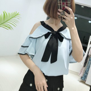 Áo sơ mi trễ vai thắt nơ