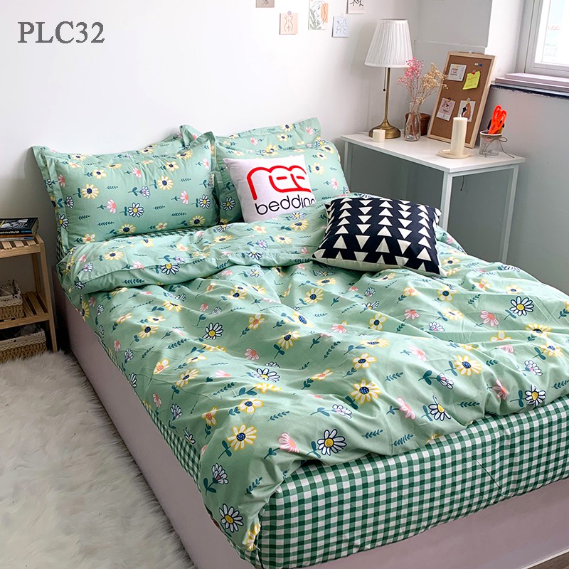 Bộ chăn ga gối Poly Cotton REE Bedding PLC32 caro xanh hoa nhí đủ size giường nệm