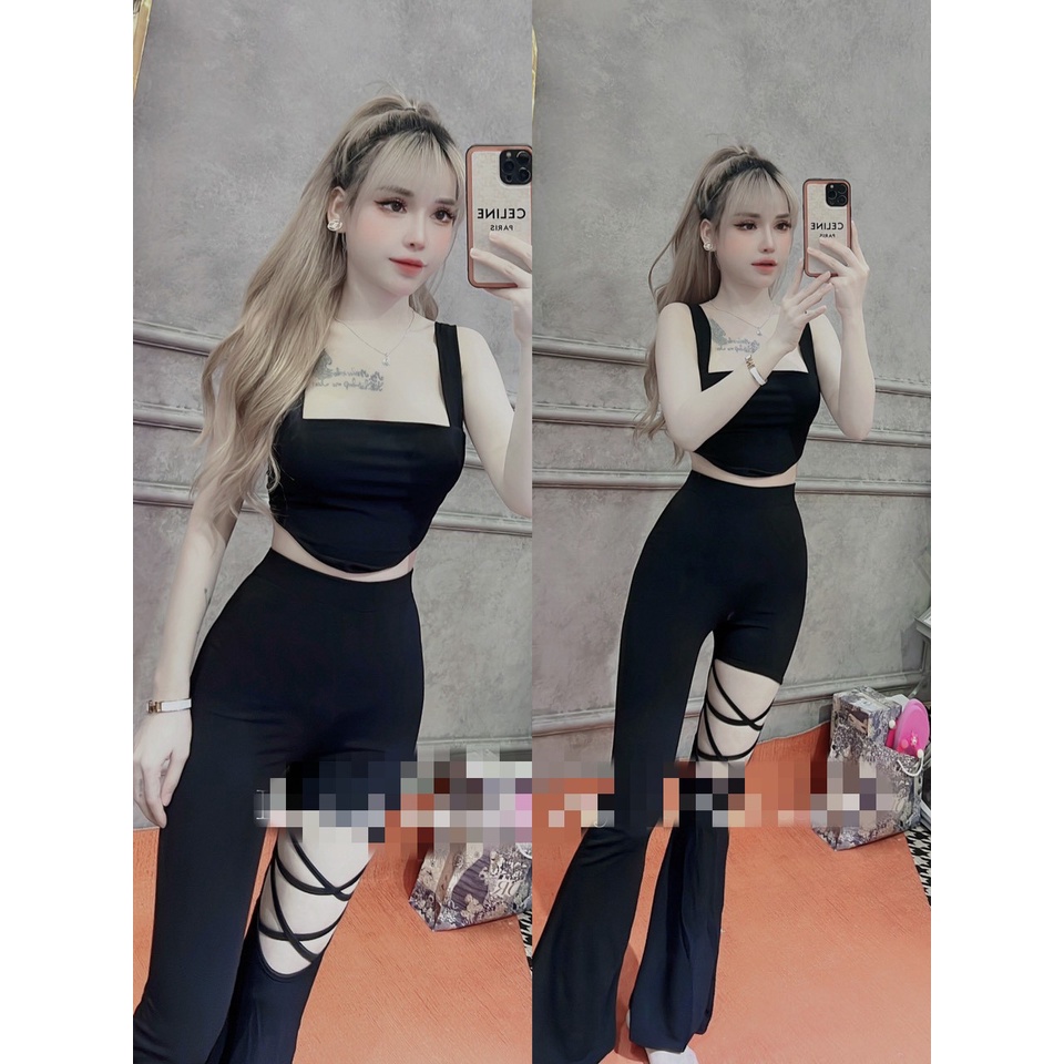 SÉT ÁO 2 DÂY TÀ NHỌN QUẦN ỐNG LOE ĐAN DÂY MỚI LẠ M025