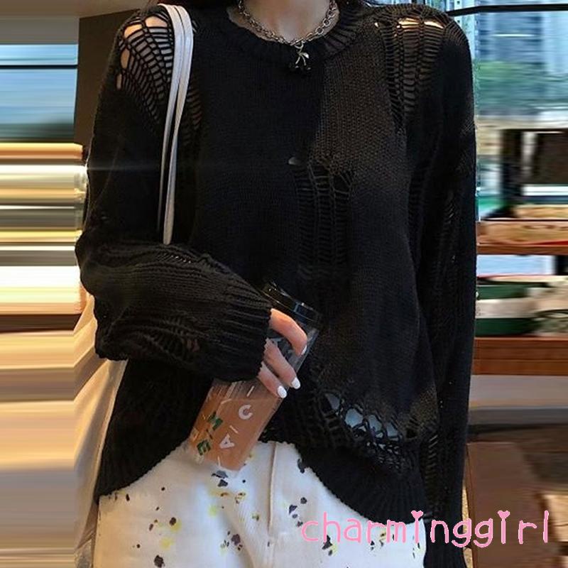 Áo Sweater Dệt Kim Tay Dài Cổ Tròn Màu Trơn Thiết Kế Độc Đáo Thời Trang Cho Nữ