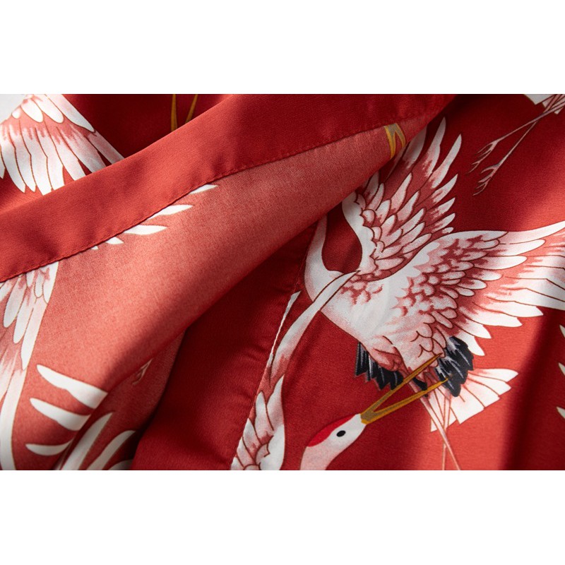 Áo choàng ngủ phi bóng kimono cô dâu in hình chim hạc flamingo sang trọng phong cách Nhậ