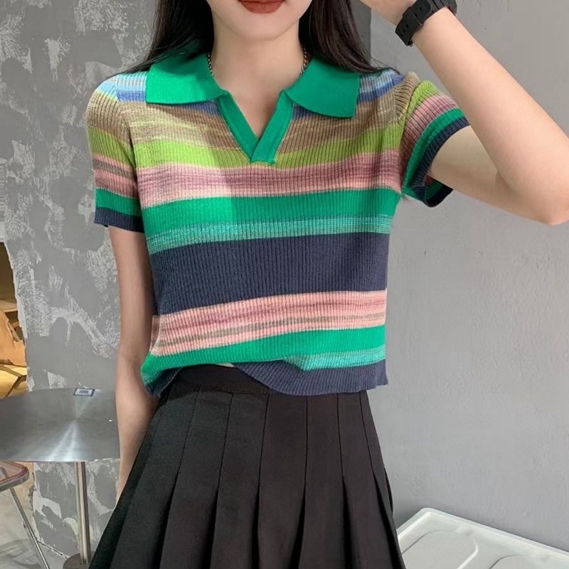 MS664 Áo polo len tăm nữ cổ bẻ phối màu loang kẻ ngang