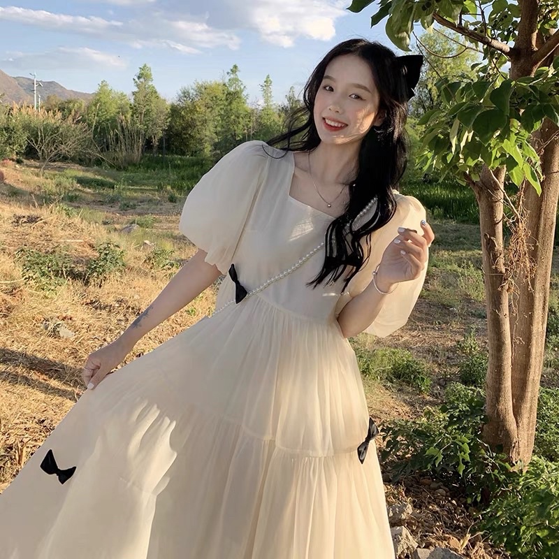 Đầm Babydoll Maxi Đính Nơ Ngắn Tay Dễ Thương