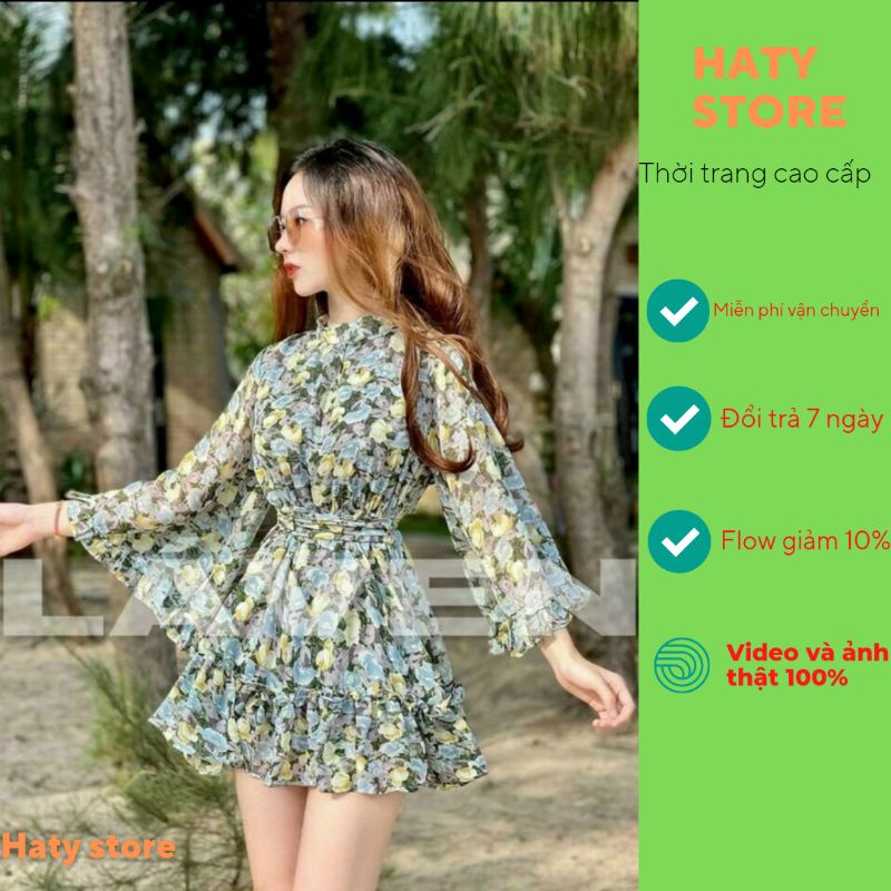 đầm váy hoạ tiết hoa nhí nhún bèo tay loe cực xinh , voan quảng châu cao cấp , HATY STORE