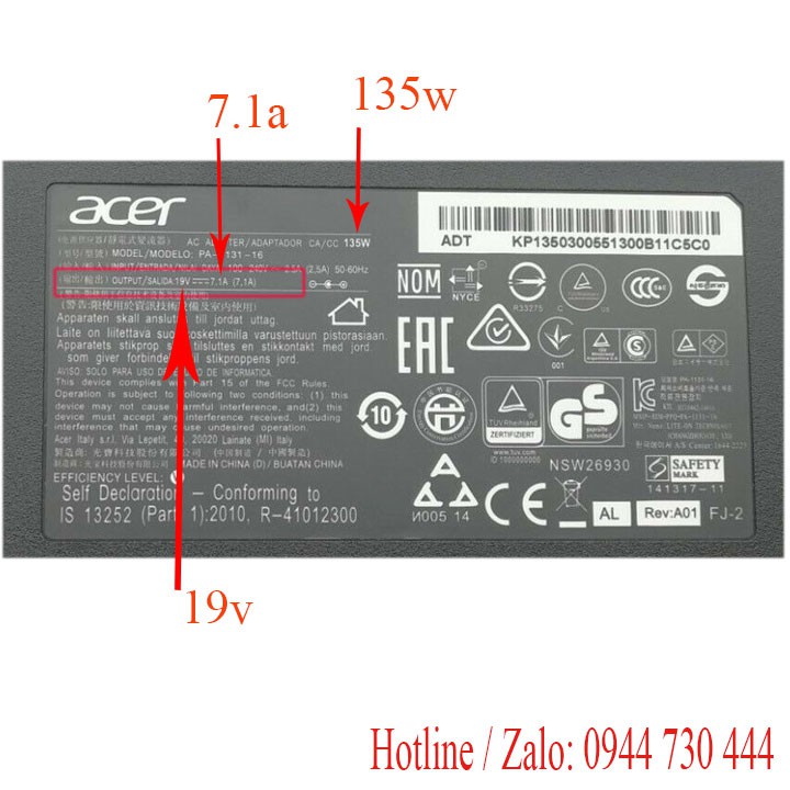 Sạc pin Acer Aspire V17 135w kèm dây nguồn