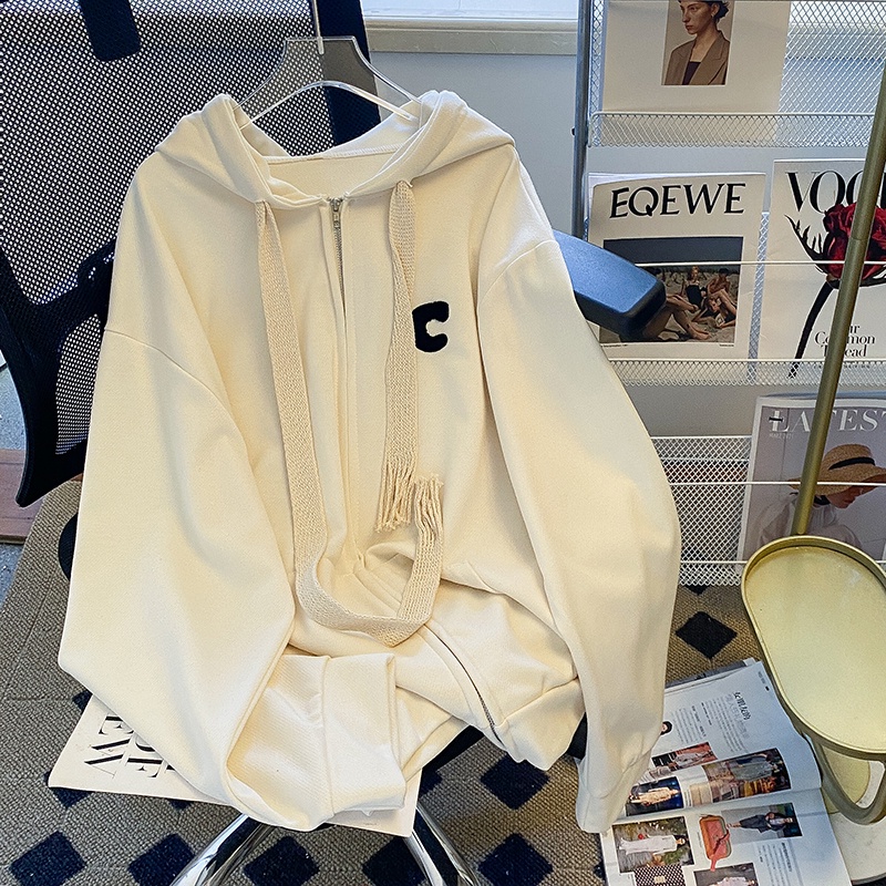 Áo khoác cardigan ZHELIHANGFEI tay dài dáng rộng có mũ trùm đầu thêu họa tiết thời trang