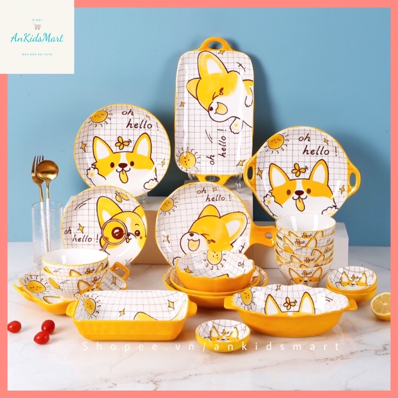 Bộ đồ ăn bằng gốm sứ cao cấp hoạ tiết thám tử Corgi dễ thương