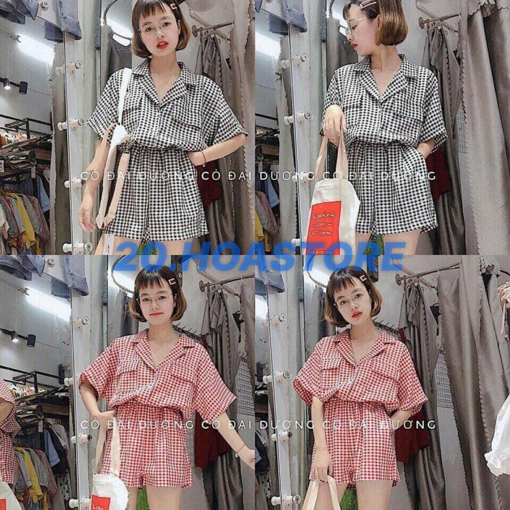 SET ĐỒ ÁO SƠ MI CỔ VEST MIX QUẦN ĐÙI CARO ĐEN ĐỎ ULZZANG