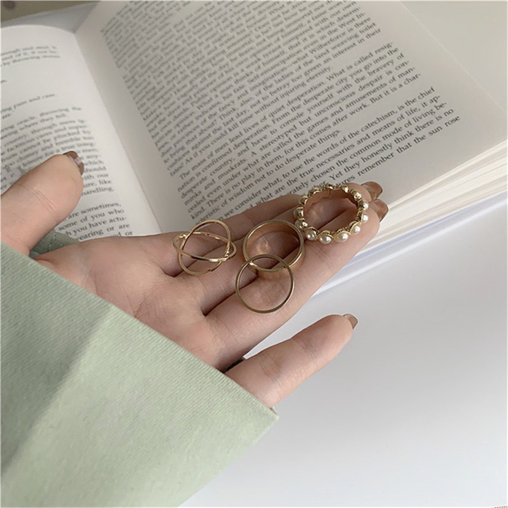 Set 4 Nhẫn Đeo Tay Đính Ngọc Trai Giả Thời Trang Cho Nữ