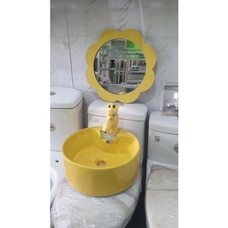 COMBO CHẬU RỬA LAVABO+VÒI CHẬU+GƯƠNG SOI TRẺ EM ĐỦ MÀU VÀNG,HỒNG,XANH,CAM