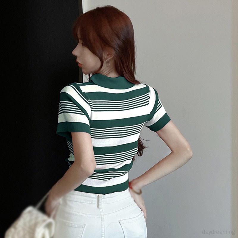 Áo Croptop Dệt Kim Cổ Bẻ Dáng Ôm Thời Trang Retro Cho Nữ
