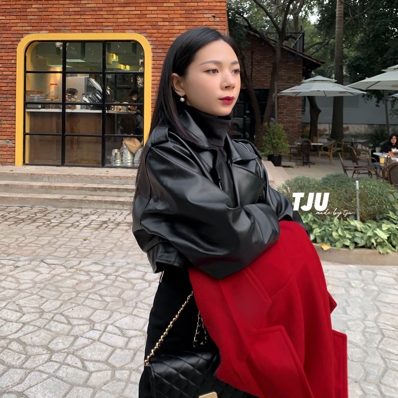 Áo khoác da nữ dáng ngắn 2 lớp , áo khoác croptop, leather jacket, ulzzang, thiết kế T-Ju (trendy croptop)