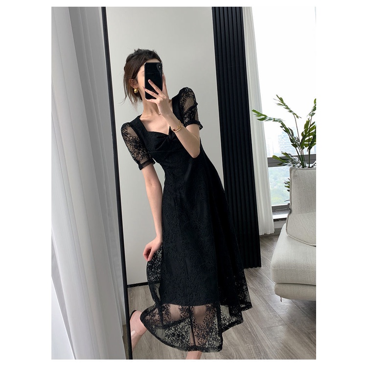 French temperament lace stitching dress 2022 summer new Hepburn wind short sleeve design slim dress women
