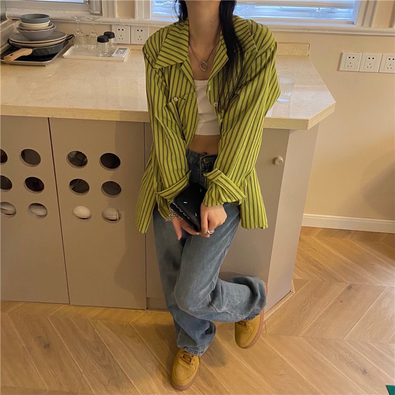 SUXI Áo Sơ Mi Nữ Dài Tay Họa Tiết Kẻ Sọc Thời Trang