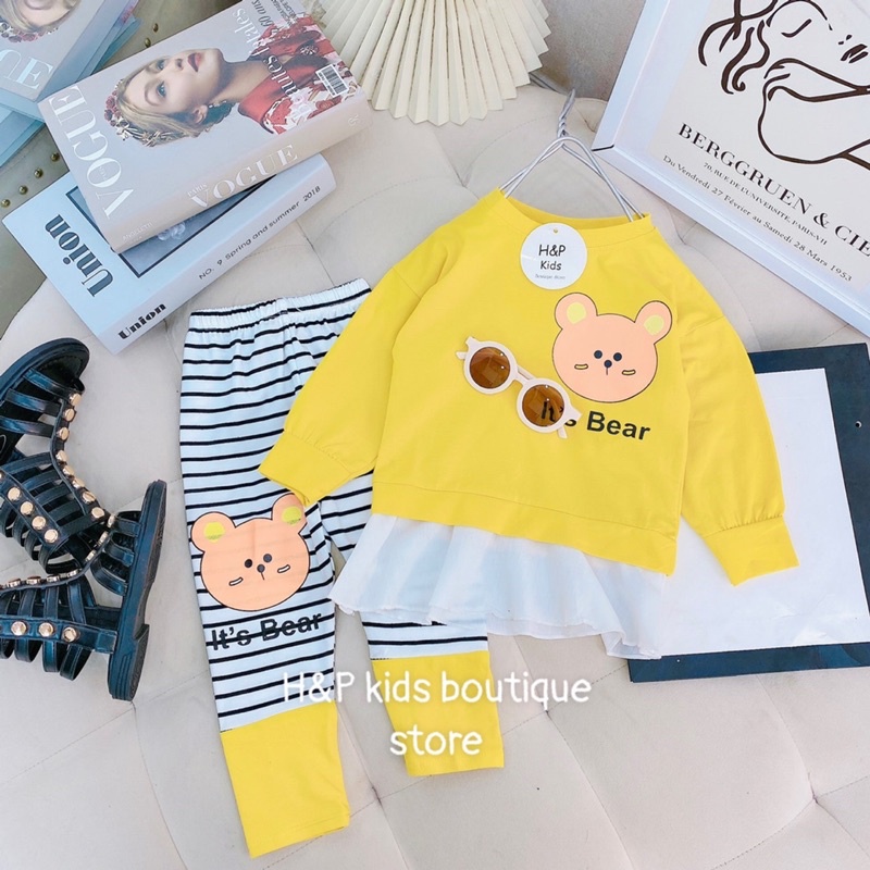 Set bộ dài tay bé gái giả váy, phối quần legging kẻ sọc cá tính Quần áo thu đông dài tay cho bé in gấu 1 2 3 4 5 6 tuổi