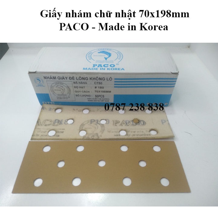 Giấy Nhám chữ nhật PACO Hàn Quốc 70x198mm chuyên chà xe hơi mã C750 màu vàng 11 lỗ