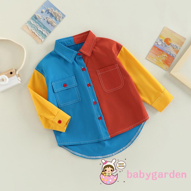 Áo Sơ Mi Tay Dài Cài Khuy Màu Sắc Tương Phản Phối Túi Thời Trang Mùa Thu Cho Bé 2-7 Tuổi