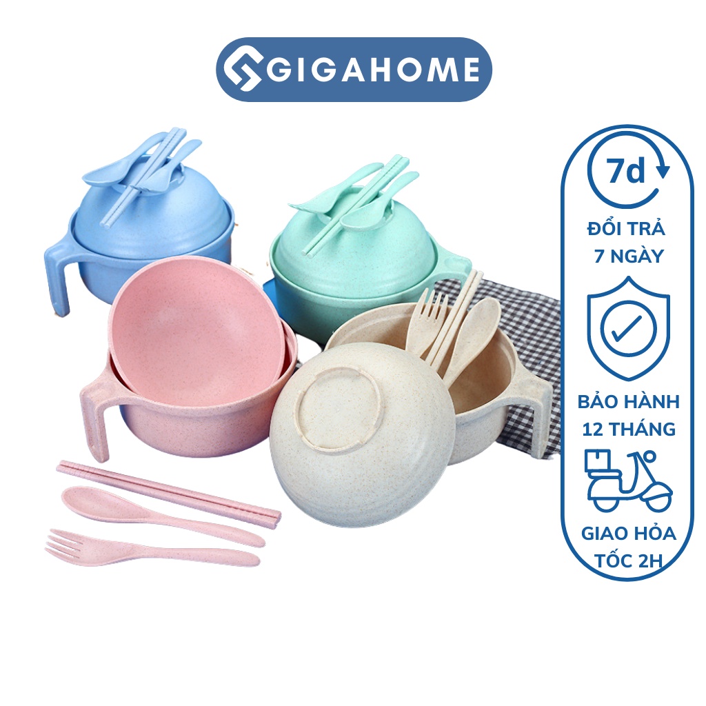 Bộ Tô Ăn Mì Bằng Nhựa Lúa Mạch Dành Cho Văn Phòng Có Muỗng, Đũa, Nĩa Nắp GIGAHOME 6847