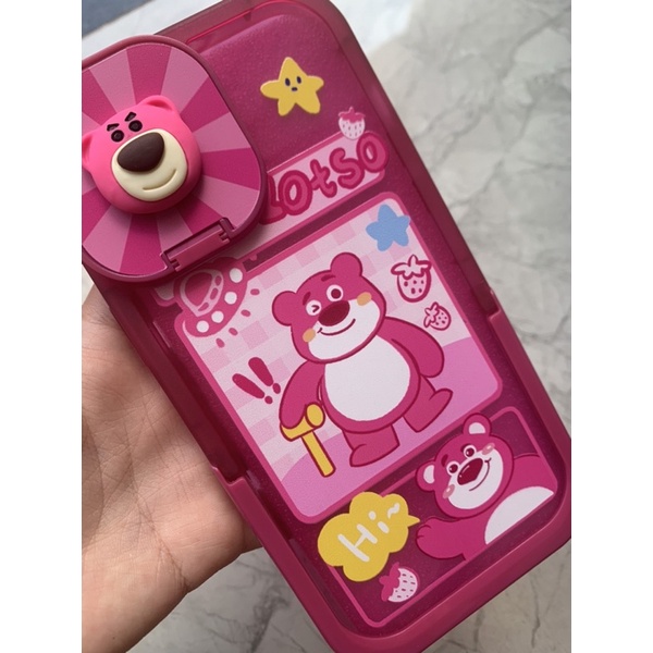 Ốp lưng iphone mềm dẻo có gương che bảo vệ camera và chân để bàn tiện lợi màu hồng gấu losto cute