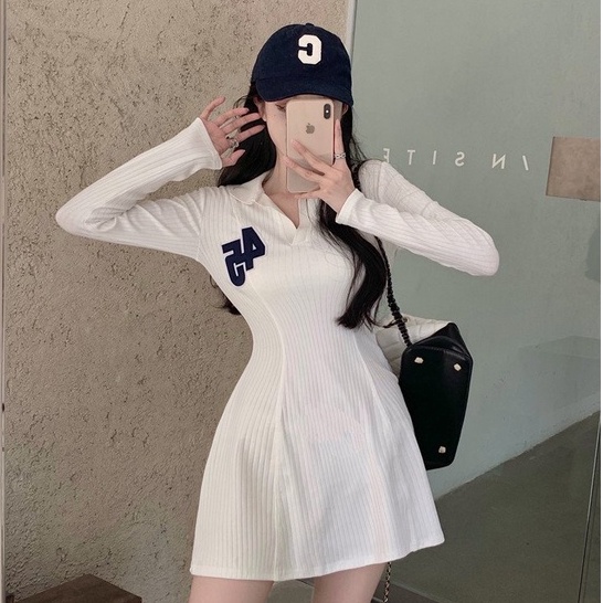 Váy Polo Nữ Thêu Số 45 Chất Thun Tăm Đầm Xoè Cổ Bẻ Sơ Mi Dáng Bassic Sexy Hàn Quốc