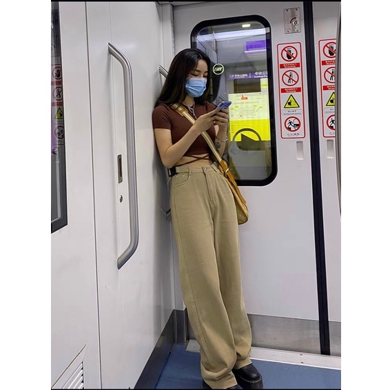 Quàn jean nữ ống rộng màu beige, quần bò ống rộng dành cho người thấp, ShopBei.T