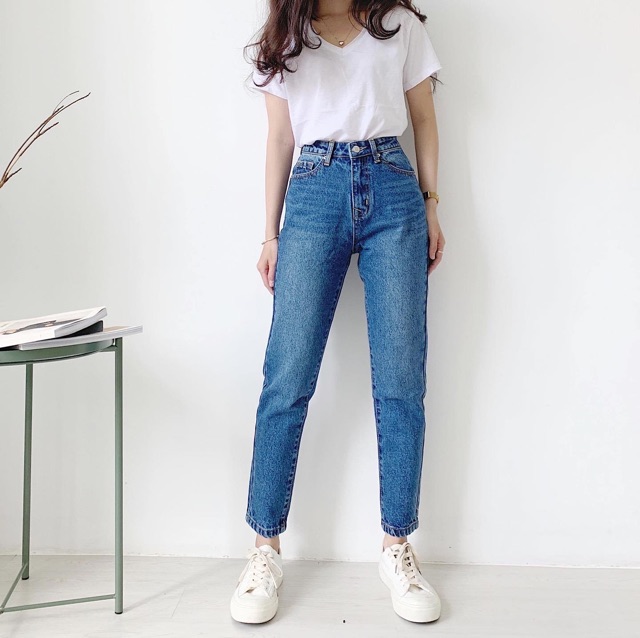 Quần momjeans trơn lưng cao qua rốn