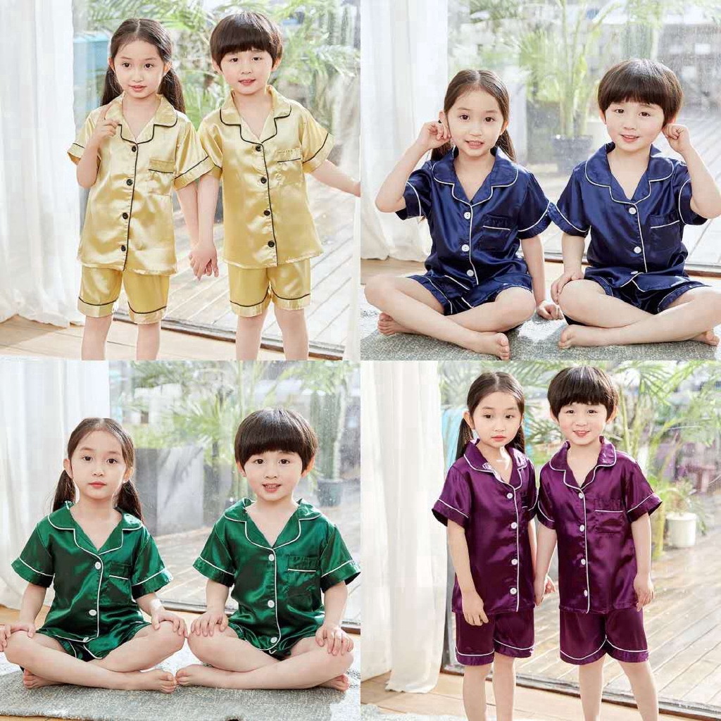 Bộ Đồ Ngủ Pijama Ngắn Tay Vải Lụa Satin Cho Bé Từ 4-14 Tuổi