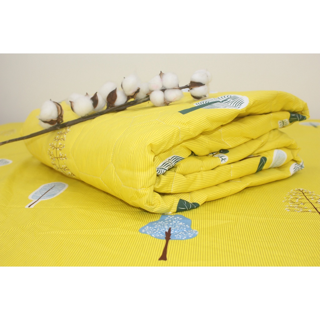 Bộ drap gối 4 món 100% cotton thiên nhiên Kha Ly có in logo trên nền vải- Mẫu Tree Vàng - Hot Trend