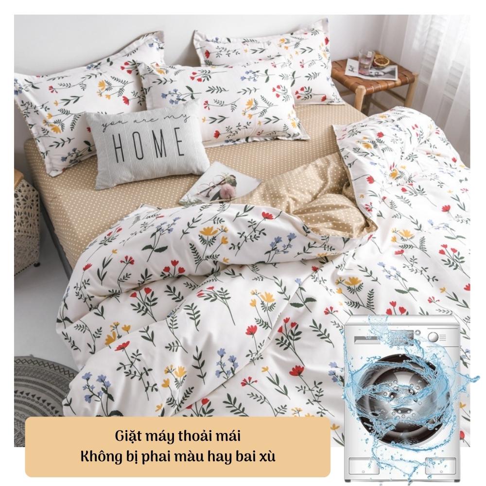 Bộ 4 món chăn ga gối đệm poly cotton ga giường họa tiết hoa nhí vintage, bộ ga gối drap giường bo chun - Otama Bedding