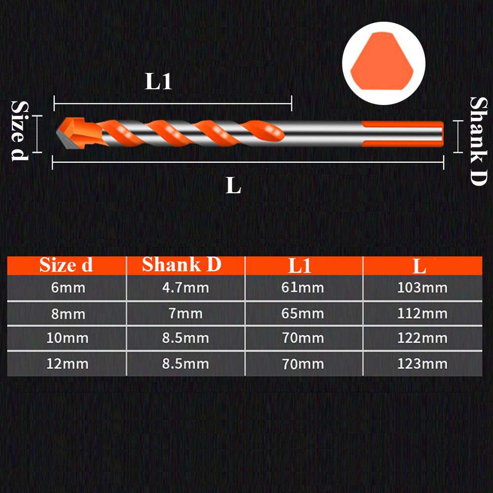 Mũi khoan hình tam giác 6 / 8 / 10 / 12mm chuyên dụng để khoan tường / đồ gỗ / gốm / kính / kim cương
