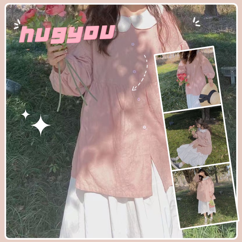 Set Áo Sơ Mi Cổ Búp Bê Chống Nắng + Chân Váy Màu Trơn Dễ Thương Cho Nữ