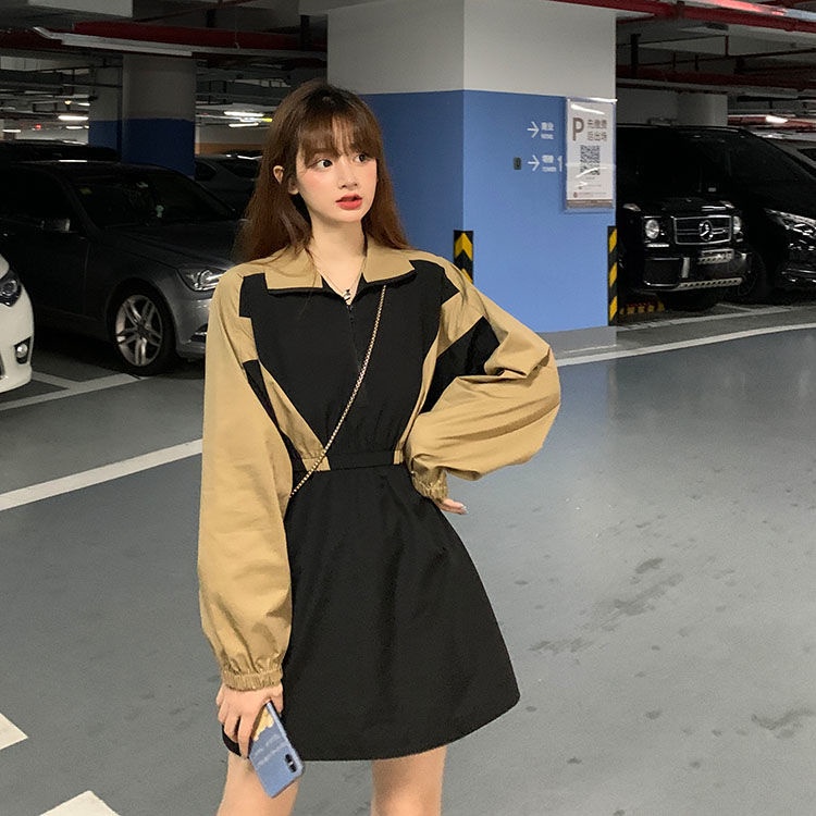 Đầm Tay Dài Dáng Ôm Màu Sắc Tương Phản Phong Cách Hàn Quốc Dành Cho Nữ