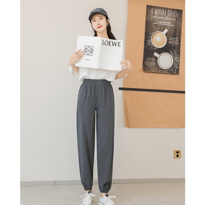 Quần ống rộng cạp chun chất đũi mát nhẹ dáng dài dây rút - Quần jogger nữ Bo gấu ống kiểu mới vải mềm mặc mùa hè màu đen