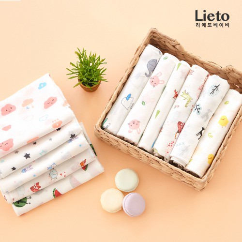 Set 10 khăn sữa có họa tiết [LiETO - Hàn Quốc] (100% cotton) cho bé