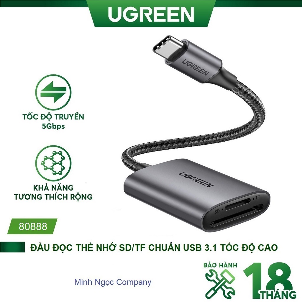 Đầu đọc thẻ nhớ SD/TF chuẩn USB 3.1 Type C tốc độ cực cao Ugreen 80888 vỏ nhôm cao cấp