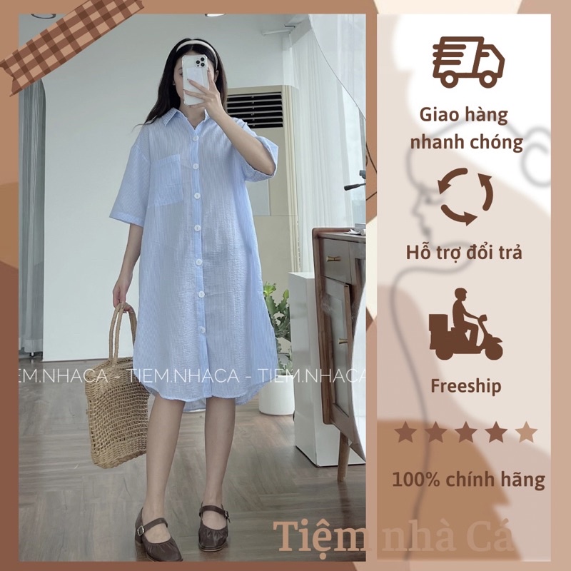 Đầm nữ xinh xắn váy sơmi kẻ xốp tay lỡ dáng dài ulzzang hàn quốc  Tiệm Nhà Cá