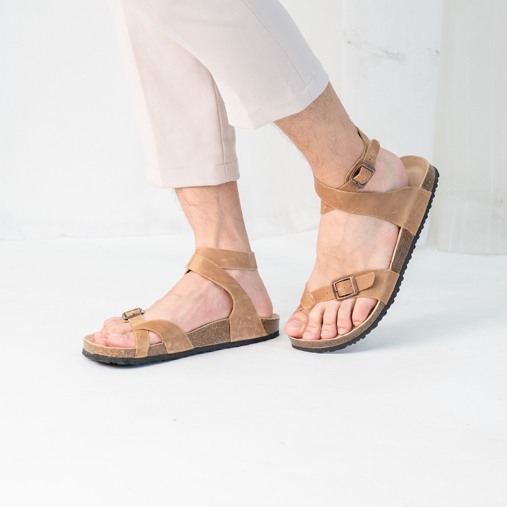 DK16 - Sandal Đế Trấu BIOLINE Official Quai Da Bò Chéo Cổ Chân Xỏ Ngón Lót Pu Kem Chống Nước