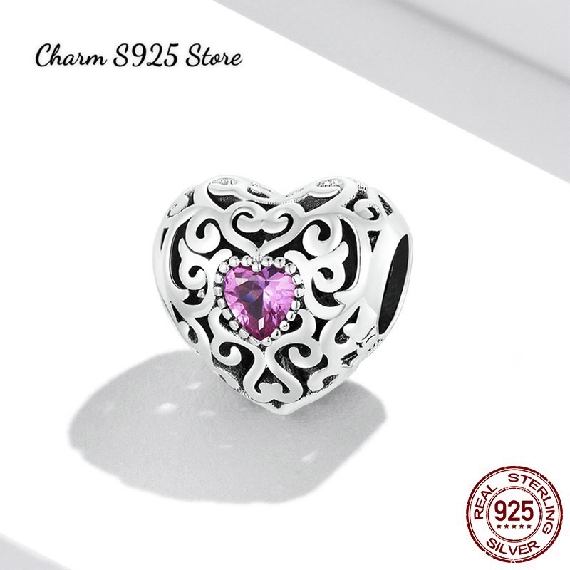 CHARM XỎ NGANG HOẠ TIẾT TIM ĐÍNH ĐÁ BẠC S925 CAO CẤP HÀNG CHÍNH HÃNG