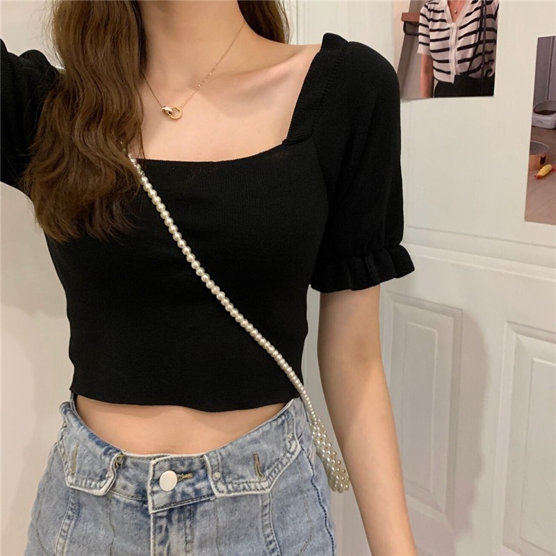 Áo đen dệt kim tay phồng DA199 | BigBuy360 - bigbuy360.vn