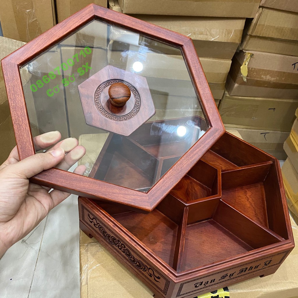 Hộp,khay đựng mứt bánh Kẹo Ngày Tết gỗ Hương Đình Cao Cấp - Trạm Khắc Laze Chữ Tinh Xảo xung quanh