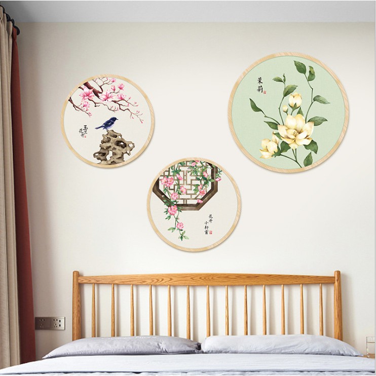[SỈ] Decal dán tường 3D ⚡ FREESHIP ⚡ Khung tròn Hoa và chim thủy mặc AmyShop