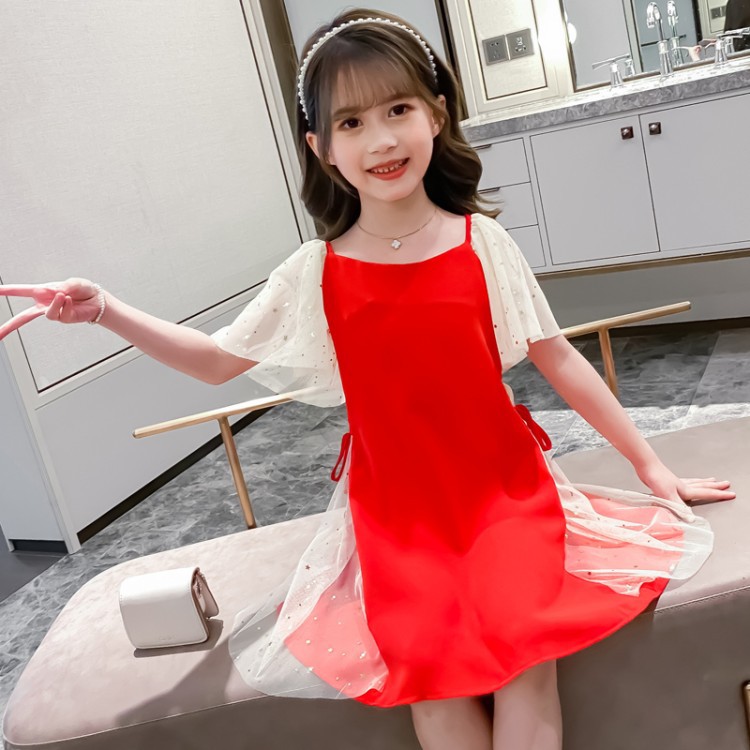 Đầm đỏ phối tay xòe phong cách Hàn Quốc thời trang cho bé gái