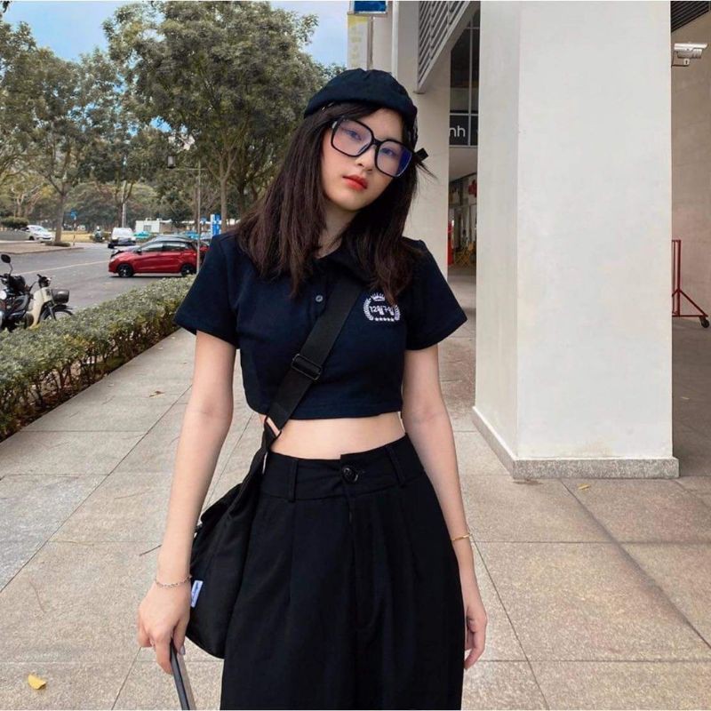 Áo Thun Polo Croptop Thêu Chữ Hàn, Áo Croptop Cổ Đức