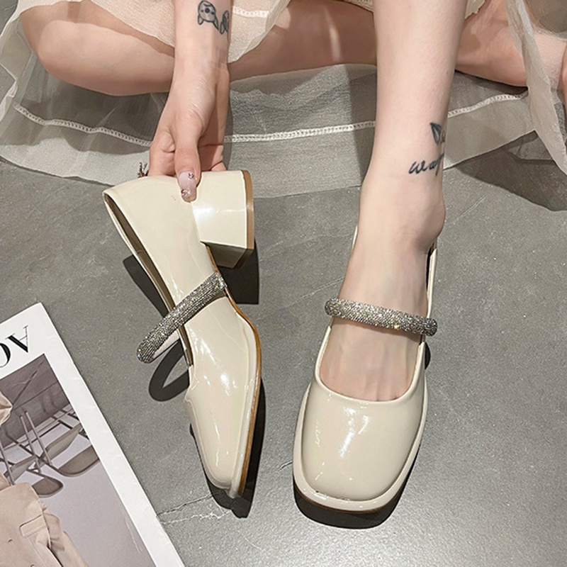 Giày lười IELGY mũi vuông gót thô đính đá kiểu Pháp cho nữ