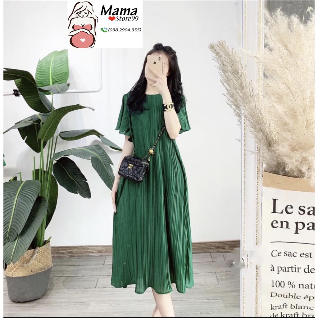 Váy Bầu Suông Xếp Ly,Đầm Bầu Công Sở Đi Chơi Dự Tiệc,Chất Voan Lụa 2 Lớp Cộc Tay V0051 Mama Store99